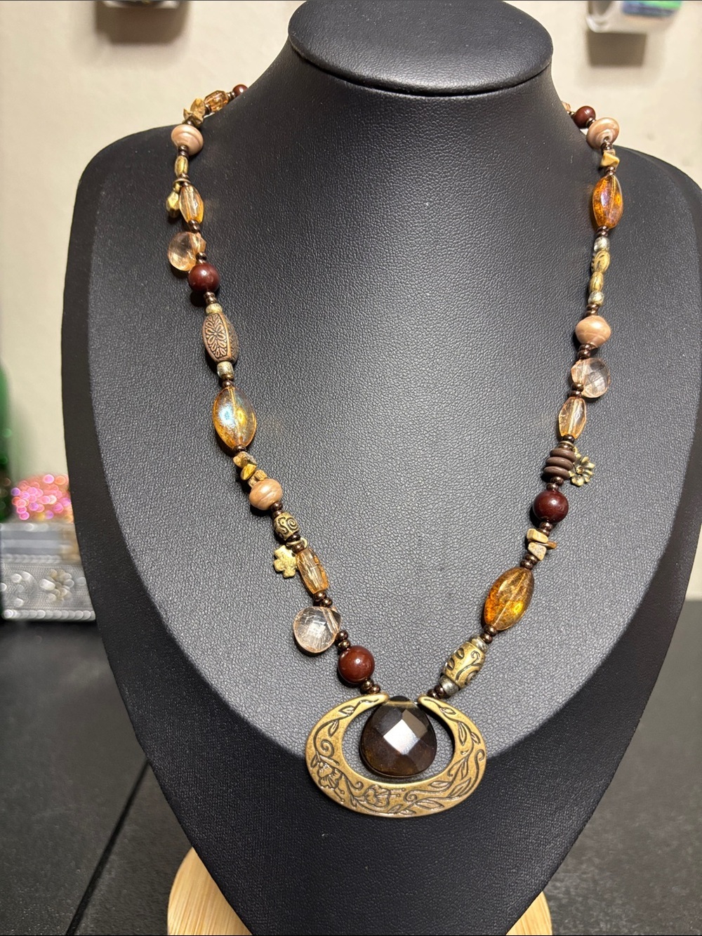 Premier Designs Artisan Brown Bead Pendant Charm Necklace
